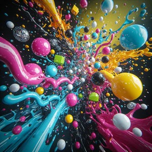Pu&ograve; includere: Opera d'arte digitale astratta con un'esplosione di colori vivaci. Schizzi di vernice rosa, blu, gialla e nera circondano sfere e cubi di varie dimensioni e colori. Lo sfondo &egrave; scuro, evidenziando i colori vivaci.