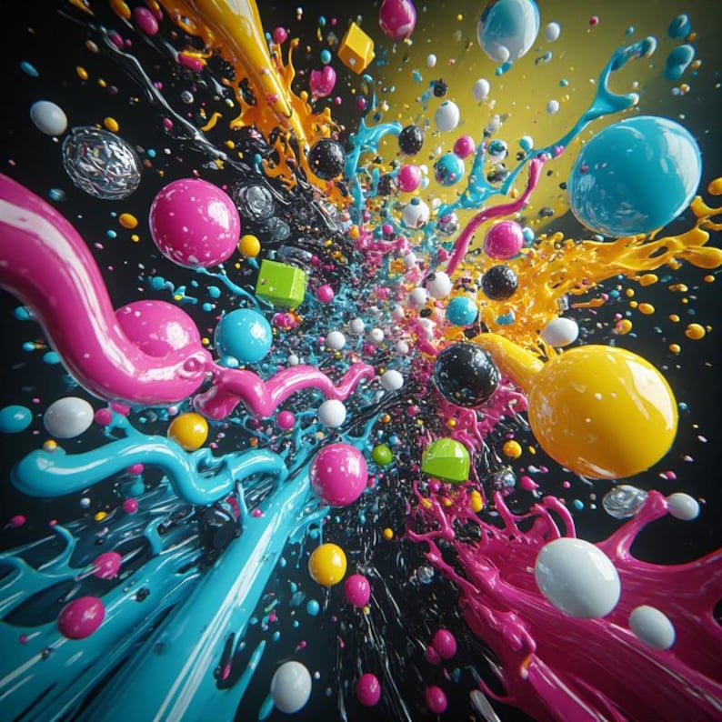 Pu&ograve; includere: Opera d'arte digitale astratta con un'esplosione di colori vivaci. Schizzi di vernice rosa, blu, gialla e nera circondano sfere e cubi di varie dimensioni e colori. Lo sfondo &egrave; scuro, evidenziando i colori vivaci.