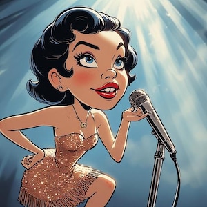 Op de afbeelding: Cartoon illustratie van een vrouw in een gouden paillettenjurk die een microfoon vasthoudt. Ze heeft donker haar, rode lippenstift en poseert voor een blauwe achtergrond met heldere lichtstralen.