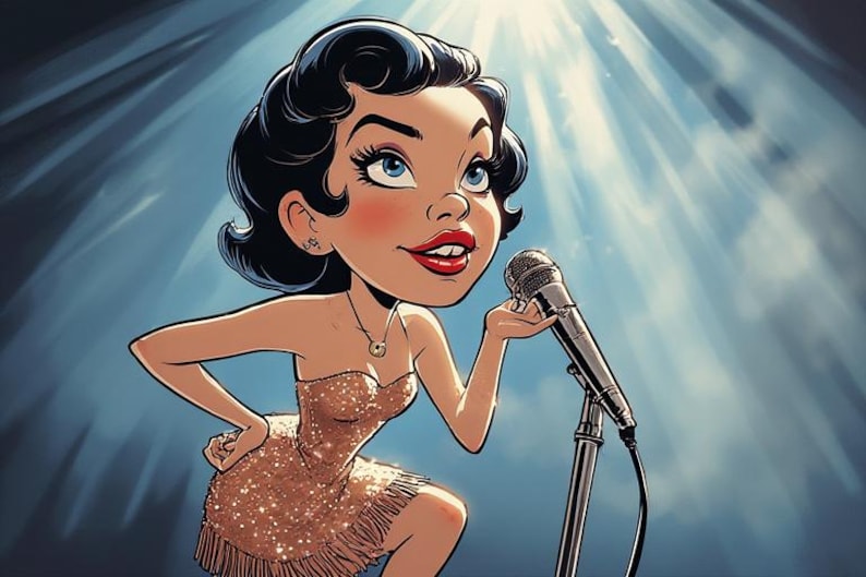 Op de afbeelding: Cartoon illustratie van een vrouw in een gouden paillettenjurk die een microfoon vasthoudt. Ze heeft donker haar, rode lippenstift en poseert voor een blauwe achtergrond met heldere lichtstralen.