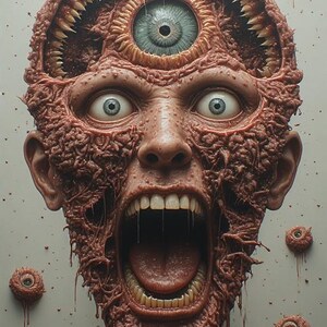 Puede incluir: Una obra de arte grotesca y surrealista que representa una cara gritando con dientes expuestos y un tercer ojo. La cara es de color marr&oacute;n rojizo carnoso, con m&uacute;ltiples estructuras m&aacute;s peque&ntilde;as en forma de ojo a su alrededor.