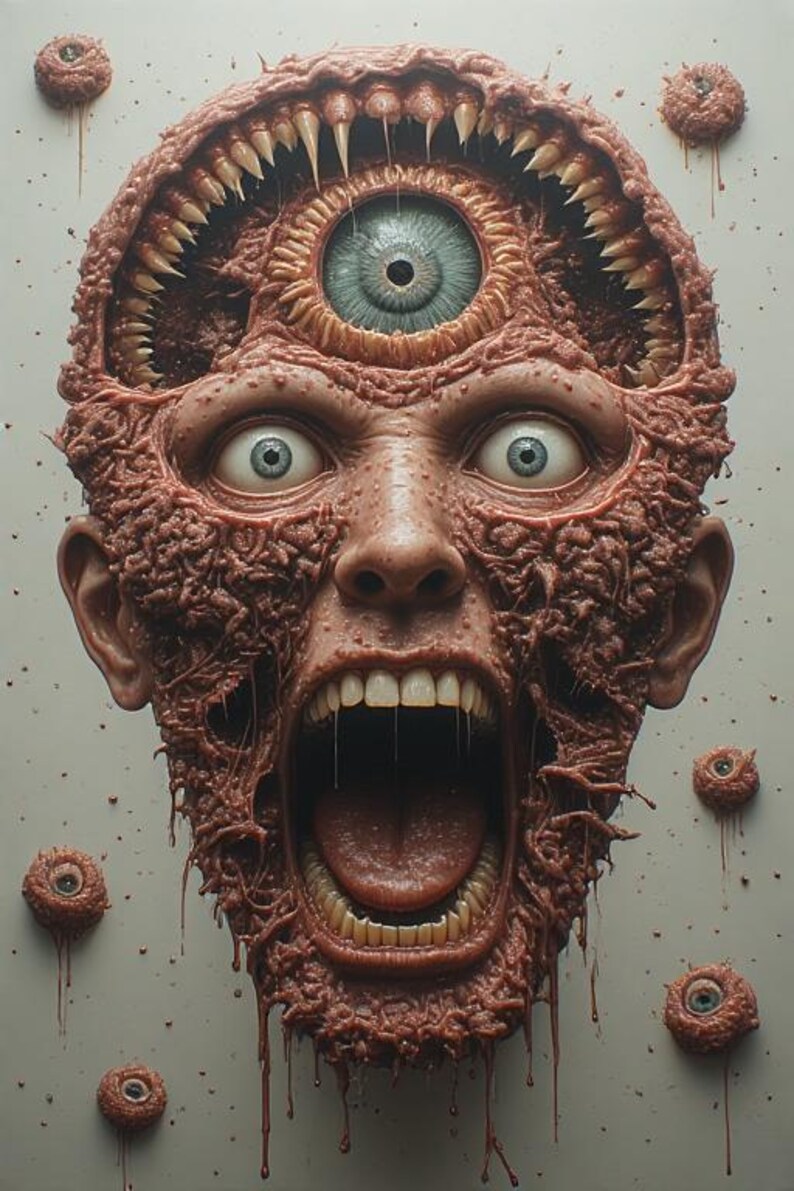 Puede incluir: Una obra de arte grotesca y surrealista que representa una cara gritando con dientes expuestos y un tercer ojo. La cara es de color marr&oacute;n rojizo carnoso, con m&uacute;ltiples estructuras m&aacute;s peque&ntilde;as en forma de ojo a su alrededor.