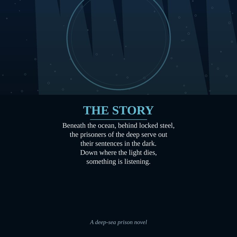 K&ouml;nnte beinhalten: Ein dunkelblaues Buchcover mit einer kreisf&ouml;rmigen Grafik und dem Text: THE STORY. Beneath the ocean, behind locked steel, the prisoners of the deep serve out their sentences in the dark. Down where the light dies, something is listening. A deep-sea prison novel.