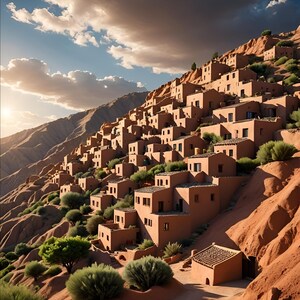 May include: A hillside village with terracotta-colored buildings nestled into a red rock canyon. The buildings are clustered together, creating a sense of community. The sky is a bright blue with fluffy white clouds.