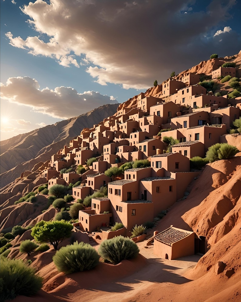 May include: A hillside village with terracotta-colored buildings nestled into a red rock canyon. The buildings are clustered together, creating a sense of community. The sky is a bright blue with fluffy white clouds.