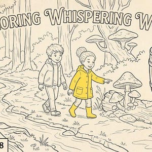 Puede incluir: Una p&aacute;gina para colorear titulada EXPLORING WHISPERING WOODS! que muestra a dos ni&ntilde;os caminando por un sendero forestal junto a un tronco ca&iacute;do con setas y un barril de madera marcado con un s&iacute;mbolo. El texto COLORING PAGE 8 est&aacute; abajo.