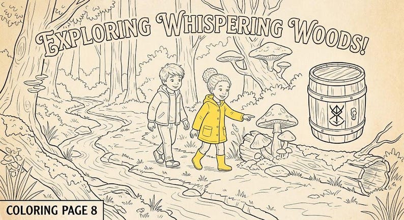Puede incluir: Una p&aacute;gina para colorear titulada EXPLORING WHISPERING WOODS! que muestra a dos ni&ntilde;os caminando por un sendero forestal junto a un tronco ca&iacute;do con setas y un barril de madera marcado con un s&iacute;mbolo. El texto COLORING PAGE 8 est&aacute; abajo.