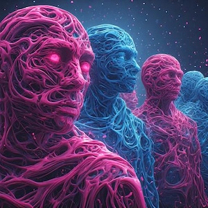 May include: An artistic rendering of several human figures with a network-like texture. The figures alternate between vibrant pink and blue hues, with glowing eyes. The background is a dark blue with scattered pink particles.