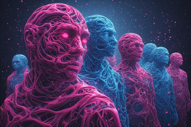 May include: An artistic rendering of several human figures with a network-like texture. The figures alternate between vibrant pink and blue hues, with glowing eyes. The background is a dark blue with scattered pink particles.