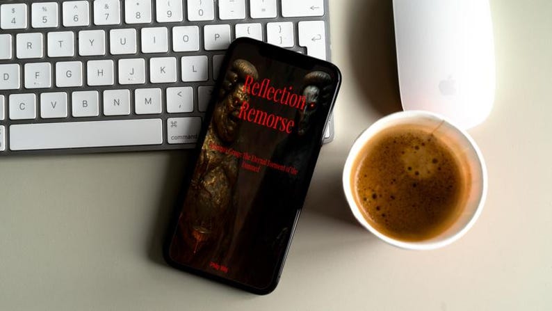 May include: A smartphone displays the text "Reflection Remorse" in red, with a dark, artistic image. A cup of coffee and a white keyboard and mouse are also visible.