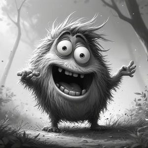 Op de afbeelding: Zwart-wit illustratie van een cartoonmonster met ruige vacht, grote ogen en een brede, open mond. Het wezen staat in een bos, met zijn armen uitgestrekt, en kijkt blij. De afbeelding is gedetailleerd en heeft een grillig karakter.