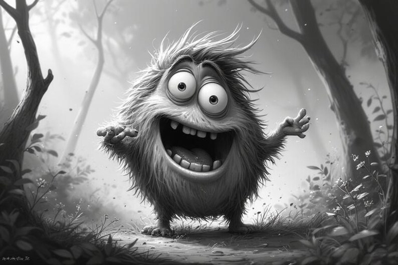 Op de afbeelding: Zwart-wit illustratie van een cartoonmonster met ruige vacht, grote ogen en een brede, open mond. Het wezen staat in een bos, met zijn armen uitgestrekt, en kijkt blij. De afbeelding is gedetailleerd en heeft een grillig karakter.