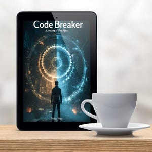 May include: A digital tablet displays the book cover for "Code Breaker: A Journey of the Ages" by Philip Way. The cover features a silhouetted figure against a blue and gold abstract design. A white coffee cup and saucer sit to the right.