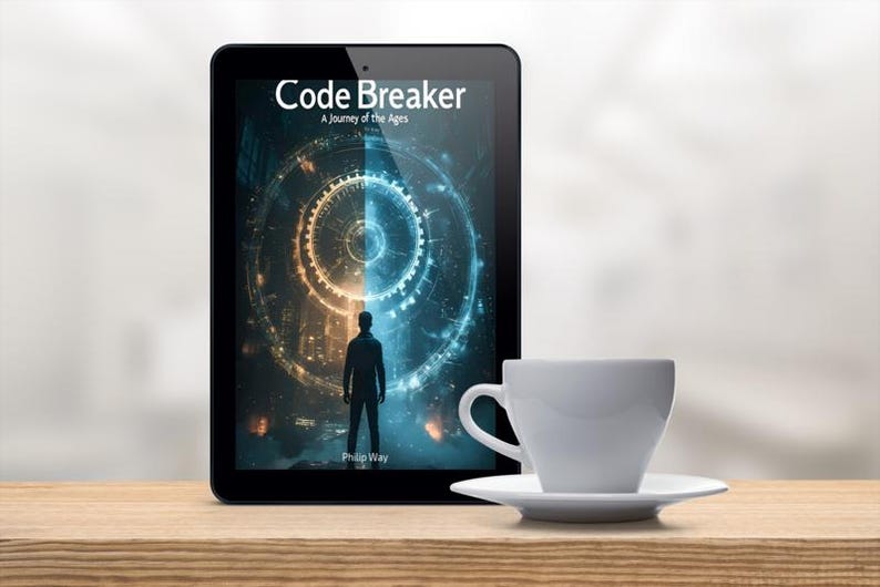 May include: A digital tablet displays the book cover for "Code Breaker: A Journey of the Ages" by Philip Way. The cover features a silhouetted figure against a blue and gold abstract design. A white coffee cup and saucer sit to the right.