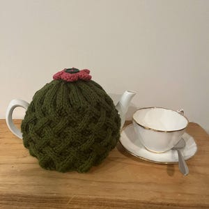 Hand Crafted Tea Cosy - Green with Bright Pink Flowers and button