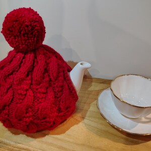 Hand Crafted Tea Cosy - Rusty Red Cabled with Pom-Pom