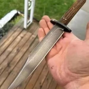 May include: A dagger with a silver blade and a dark wooden handle. The handle is secured with small rivets. The dagger has a black guard and a sharp point. The dagger is held in a hand.