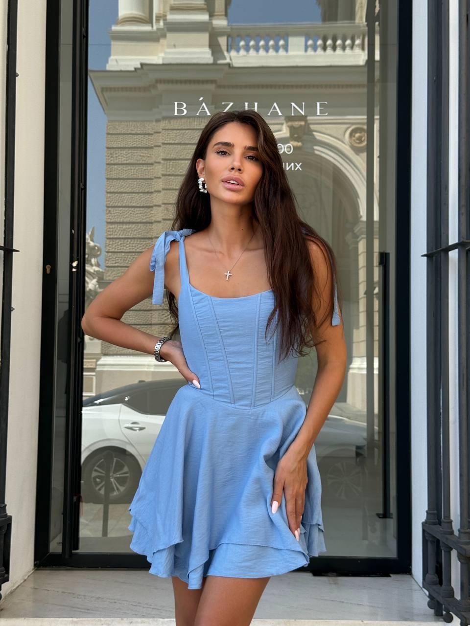 linen corset mini dress Linen Corset Mini Dress: Handmade Crinkled Tie-strap Flared Summer Dress