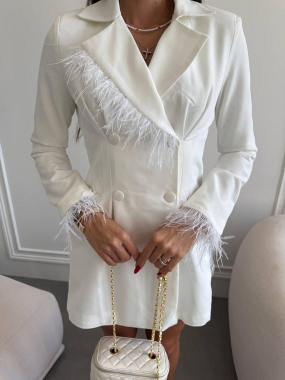 quilla white feather crystal sleeve backless blazer dress Miss Circle Quilla White Feather Crystal Sleeve Backless Blazer Dress XS main image 1