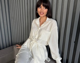 American Crepe Palazzo Pants Set: Oversized Shirt & Wide-Leg Trousers