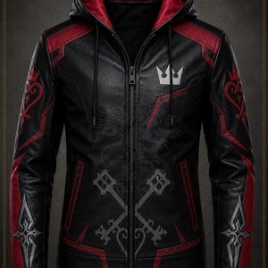 May include: A black and red hooded jacket featuring a white crown emblem on the chest, two crossed key-shaped symbols on the lower front, and red heart-shaped motifs on the sleeves with checkered patterns at the cuffs and a full front zipper.