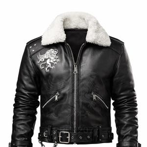 May include: Black leather jacket with a white faux fur collar. Features a silver zipper, a lion emblem on the shoulder, and a belt with a chain. The jacket has multiple pockets and a quilted design.