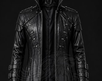 Men's Gothic Black Leather Trench Coat  Cyberpunk Cosplay Long Coat  Fantasy Warrior Leather Overcoat  Steampunk Costume Jacket