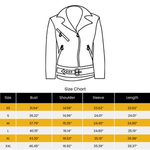 May include: Line drawing of a black leather jacket with a notched collar, asymmetrical zipper, and belt. A size chart below shows measurements in inches for bust, shoulder, sleeve, and length for sizes XS to XXL.