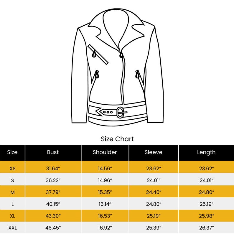 May include: Line drawing of a black leather jacket with a notched collar, asymmetrical zipper, and belt. A size chart below shows measurements in inches for bust, shoulder, sleeve, and length for sizes XS to XXL.