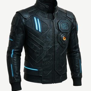 Może przedstawiać: Czarna skórzana kurtka o futurystycznym designie. Posiada geometryczne panele, niebieskie neonowe akcenty i okrągły pomarańczowy detal. Kurtka ma stójkę i prążkowane mankiety.