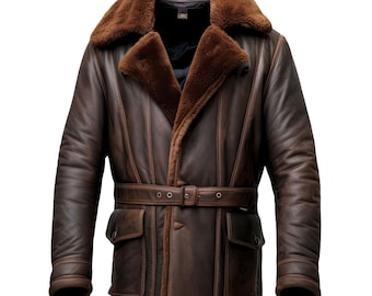Men’s Dark Brown Sheepskin Aviator Jacket with  Fur Collar