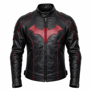 May include: Black leather jacket with red accents and a red bat symbol on the chest. Features a stand-up collar, zipper closure, and zippered cuffs. The jacket has a fitted design and includes the text "RRH2077".
