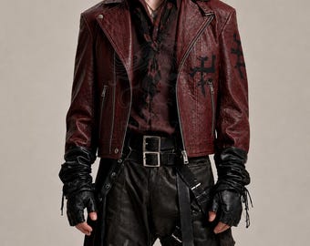 Men's Burgundy Cropped Biker Leather Jacket Gothic Punk Moto Zip Jacket