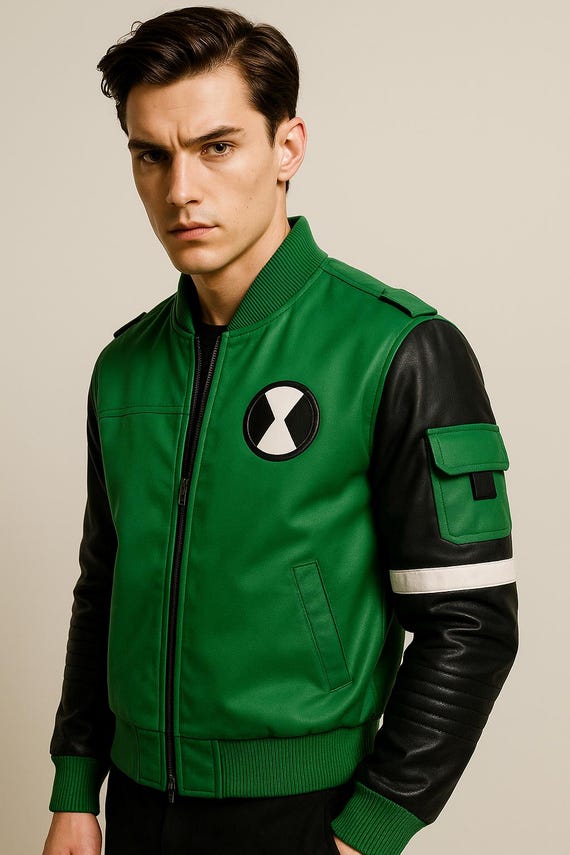 Ben 10 Inspired Bomber Jacket: Emerald Green,  Leather