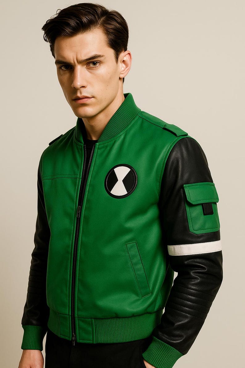 May include: Green and black bomber jacket with a white and black circular patch on the chest. The jacket has black sleeves with a white stripe and a green pocket. The jacket is zipped up.