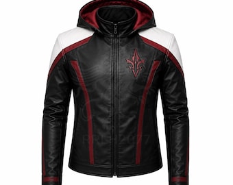 Cosplay-Inspired Hooded Sheep Leather Jacket – Black & Red Premium Leather Jacket