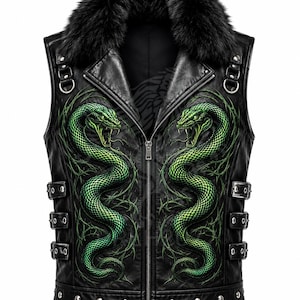 May include: A black sleeveless waistcoat featuring a faux fur collar, a central zip, and a graphic print of two green snakes on the front. The waistcoat includes three adjustable side straps with metal buckles on each side and silver studs along the bottom hem.