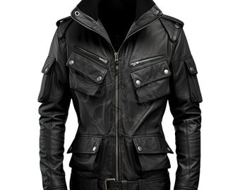 Giacca in pelle di pecora nera da uomo: stile militare, vestibilità slim