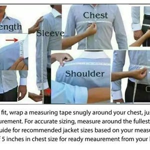 May include: Diagram showing how to measure for a jacket, including chest, sleeve, shoulder, waist, and length. Instructions advise measuring chest and adding 12.7 cm for the ready measurement. The text provides guidance for accurate sizing.