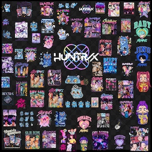 May include: A collection of colorful graphic designs on a black background. The designs include cartoon characters, text, and logos, with a variety of colors and styles. The word "HUNTRIX" is prominently displayed in the center.