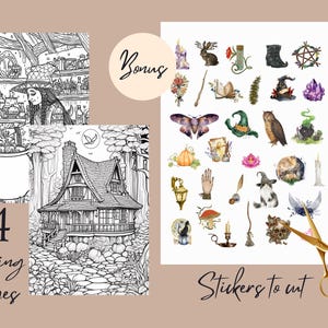 May include: A collection of witch-themed art supplies. Includes four coloring pages with illustrations of a witch's kitchen and a cottage, plus a sheet of stickers with various magical elements. The text says "Bonus", "4 Coloring Pages", and "Stickers to cut".