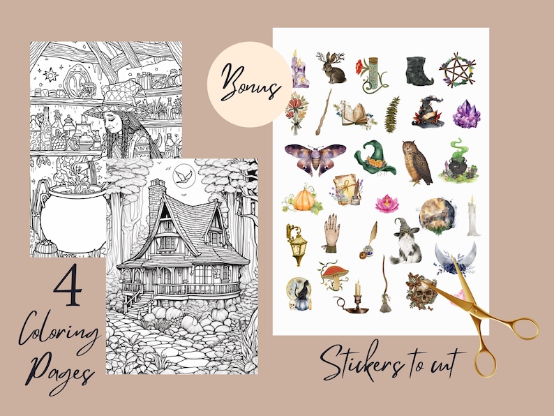 May include: A collection of witch-themed art supplies. Includes four coloring pages with illustrations of a witch's kitchen and a cottage, plus a sheet of stickers with various magical elements. The text says "Bonus", "4 Coloring Pages", and "Stickers to cut".