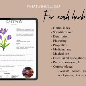 May include: A digital printable guide for learning about saffron, a purple flower with medicinal and magical properties. The guide includes information on the flower's scientific name, description, flowering season, properties, medicinal and magical uses, essential oil associations, preparation examples, and correspondences, including element, zodiac, planet, back flower, chakra, and deity.