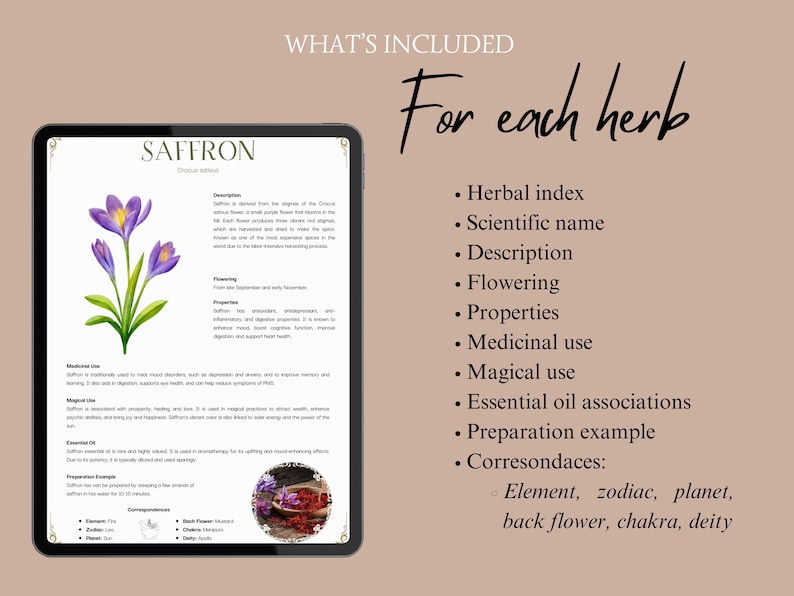 May include: A digital printable guide for learning about saffron, a purple flower with medicinal and magical properties. The guide includes information on the flower's scientific name, description, flowering season, properties, medicinal and magical uses, essential oil associations, preparation examples, and correspondences, including element, zodiac, planet, back flower, chakra, and deity.