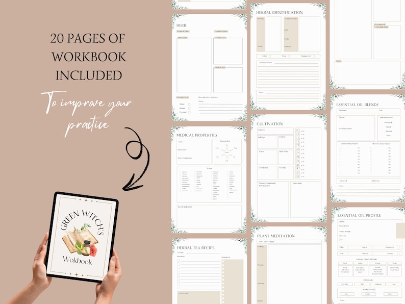 May include: A digital workbook for green witches with 20 pages of information on herbal identification, cultivation, medical properties, essential oil blends, and more. The cover features a green witch's cauldron and the text "Green Witch's Workbook".