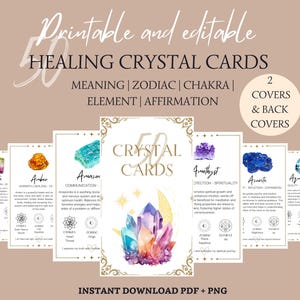 Cartões de significado de cristal editáveis e imprimíveis, baralhos de cartas de oráculo de cristal, cartão de informações de cristal, guia de cura de pedras preciosas, download instantâneo