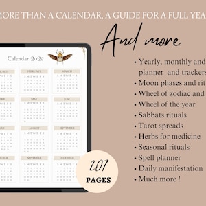 May include: Digital calendar for 2026 displayed on a tablet. The calendar features monthly layouts with a decorative insect illustration. Additional text lists features like yearly planning, moon phases, tarot spreads, and more. The image also states "207 pages."