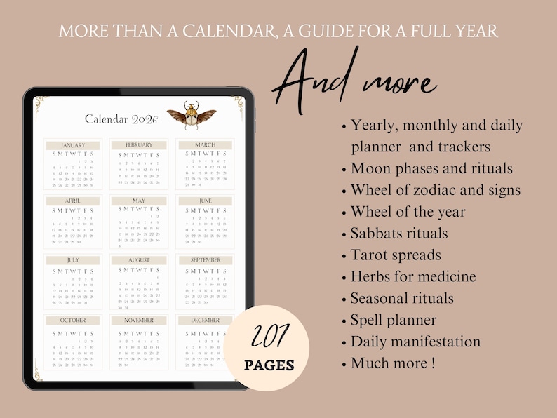 May include: Digital calendar for 2026 displayed on a tablet. The calendar features monthly layouts with a decorative insect illustration. Additional text lists features like yearly planning, moon phases, tarot spreads, and more. The image also states "207 pages."
