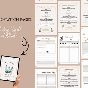 May include: A collection of witch pages with spell and ritual guides. The pages include a spell planner, spell journal, witch recipe, and magical goals. A tablet displays "My rituals and spells organization."