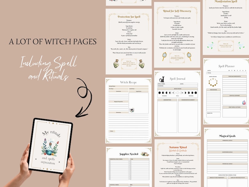 May include: A collection of witch pages with spell and ritual guides. The pages include a spell planner, spell journal, witch recipe, and magical goals. A tablet displays "My rituals and spells organization."